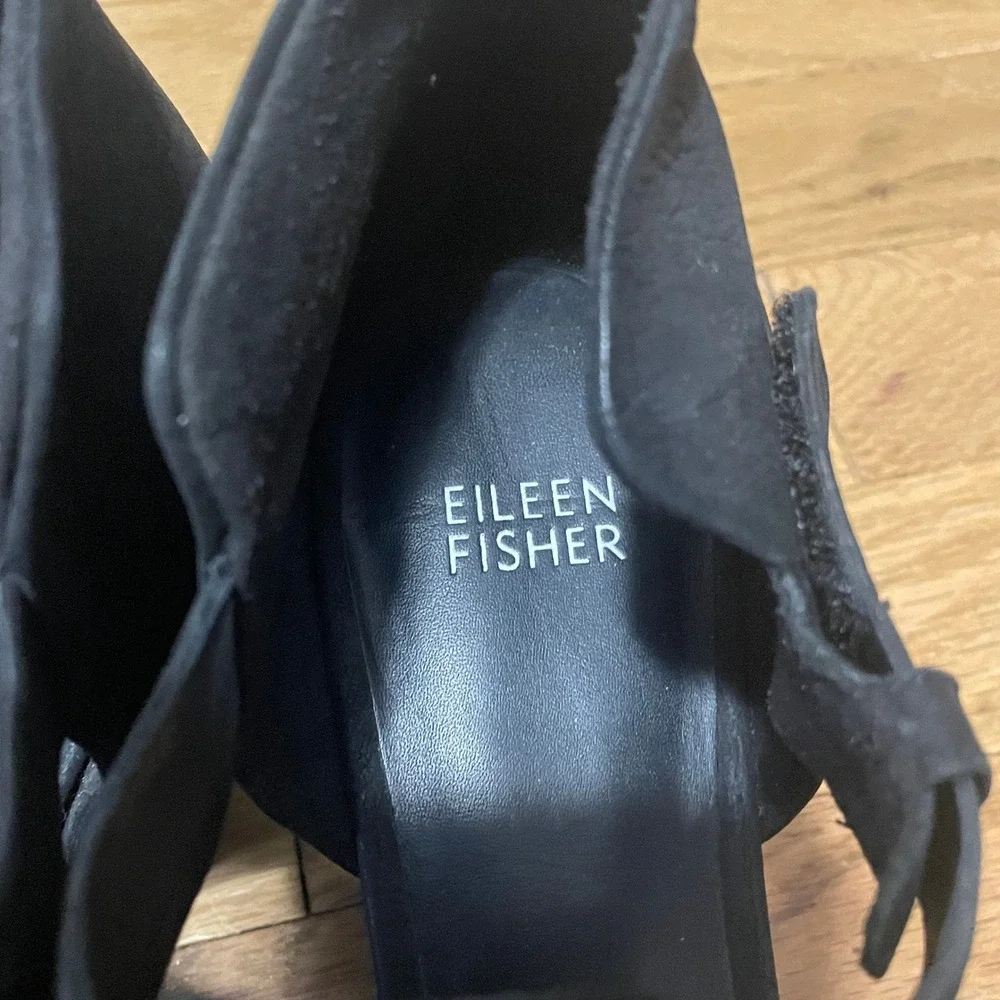 Eileen Fisher Black‎ Leather Open Toe Wedge Sandals Cutout Booties Women's 10
